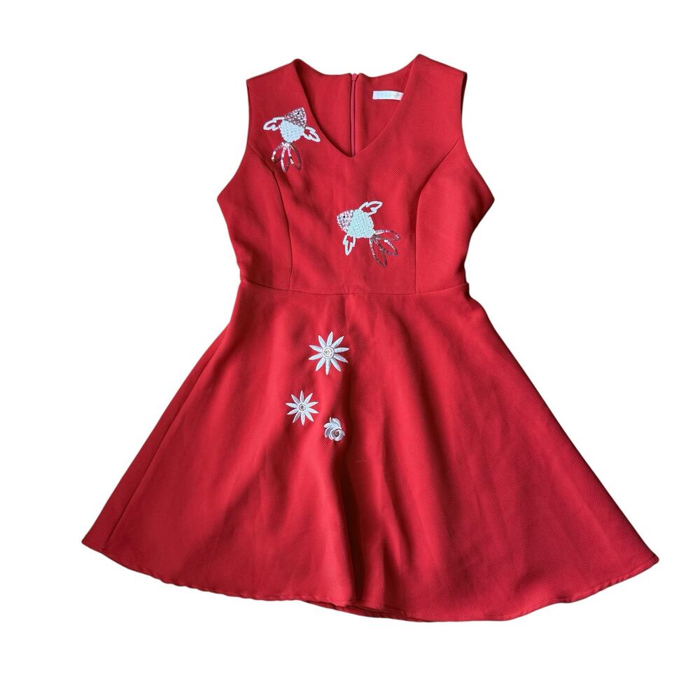 Red Dress Fish Embroidered Fit Flare Size Medium Sequin Japan Asian Daisy Knee